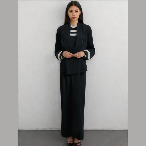 Daymor Couture Vtg Formal Black White 2 Pc Sequin Stripe Maxi Dress & Jacket 8 - Picture 1 of 13